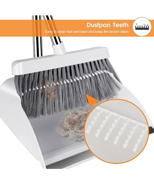 Self-cleaning upright mop and dustpan set with 3 layers of bristles - white