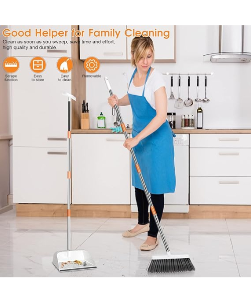 Self-cleaning upright mop and dustpan set with 3 layers of bristles - white