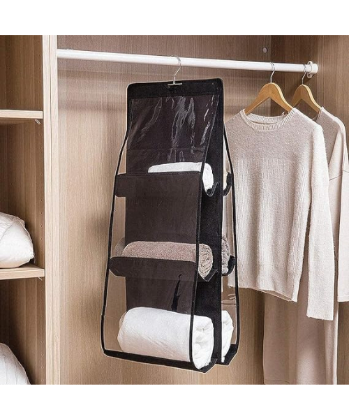 Handbag storage organizer 6-pocket with large transparent dust-resistant cover - transparent