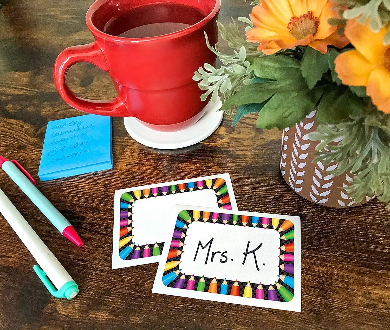Name tag card stickers for writing names, designed in the shapes of wooden pencils