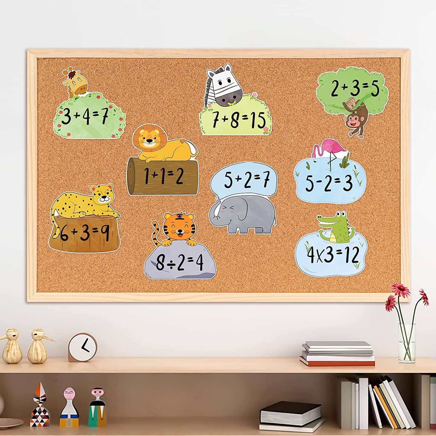 Shapes hung on board with a forest animal design for the classroom blackboard