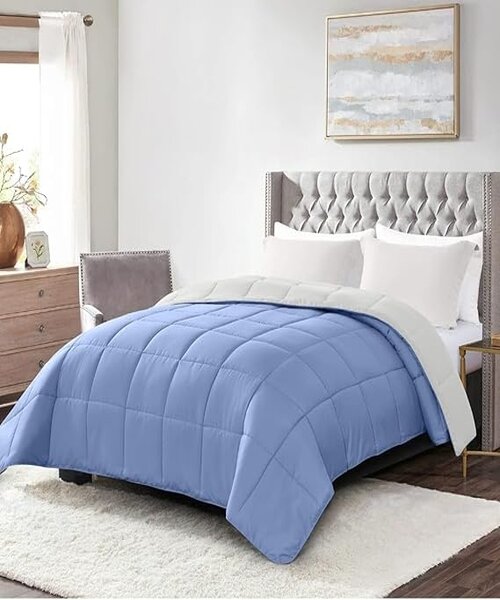Line Sleep Double Face Fiber Winter Quilt 240×220 cm- Light Blue white