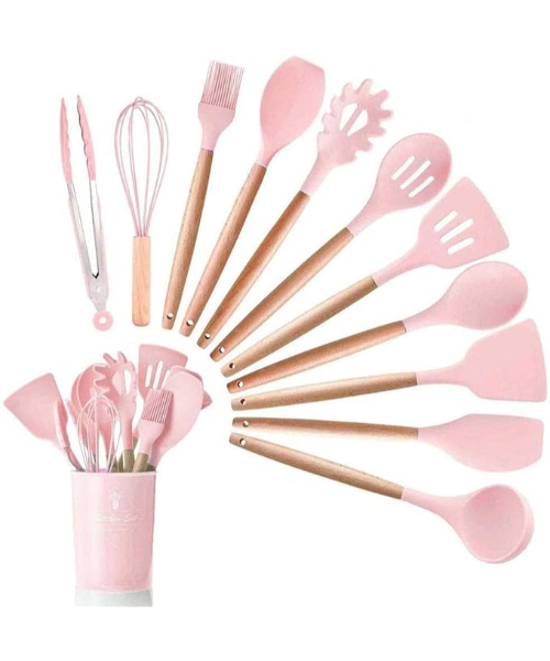 hanso Silicone Cooking Utensil Set with Wooden Handles and Holder, 12 Pieces - Pink