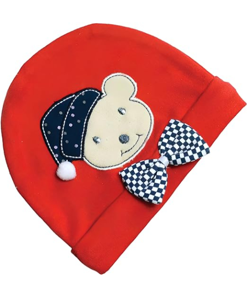 Cotton Hat with Bow Embroidered Bear For Kids - Red