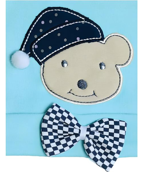 Cotton Hat with Bow Embroidered Bear For Kids - Cyan