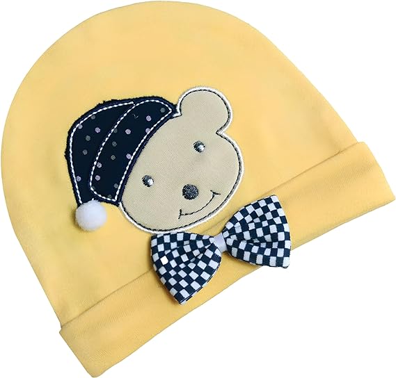 Cotton Hat with Bow Embroidered Bear For Kids - Yellow