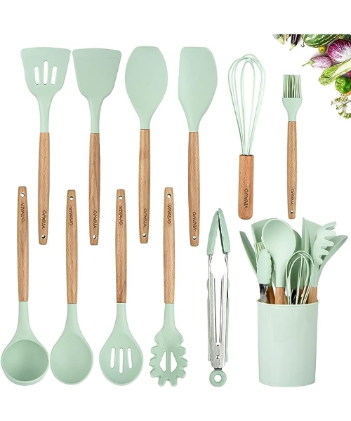Vivaio Silicone Cooking Utensil Set with Wooden Handles and Holder, 12 Pieces - Mint Green