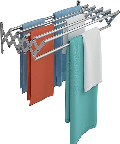 Wall Mounted Clothes Drying Rack Stainless Steel Accordion Retractable Drying Rack For Laundry Room/Bathroom Tower Towel Rack Towel Holder (Color : Silver, Size : 60cm)