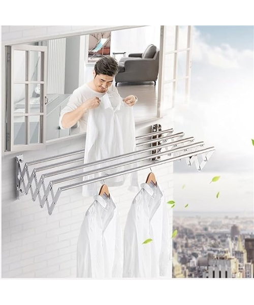 Wall Mounted Clothes Drying Rack Stainless Steel Accordion Retractable Drying Rack For Laundry Room/Bathroom Tower Towel Rack Towel Holder (Color : Silver, Size : 60cm)