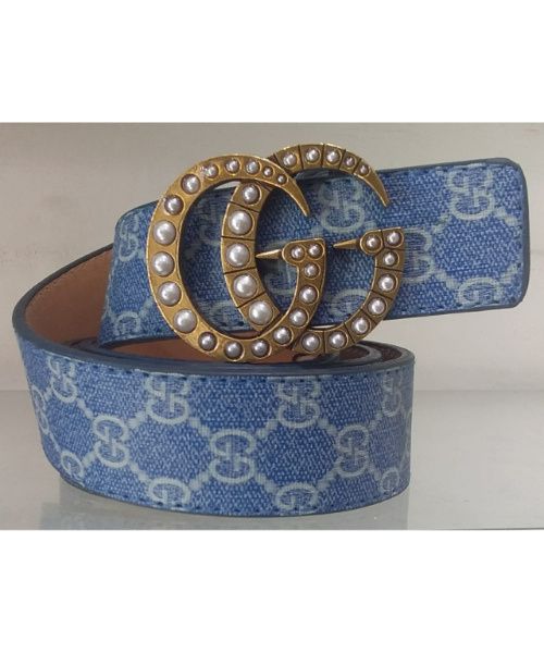 Printed Leather Belt With Gucci Buckle 4 Cm Length From 105 To 120 Cm For Women - Blue Gold