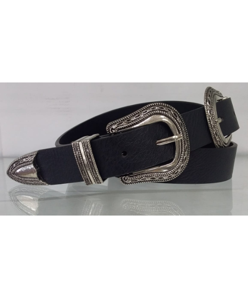 Imported Leather Belt 2 Buckles 4 Cm From 105 To 120 Cm For Women - Black