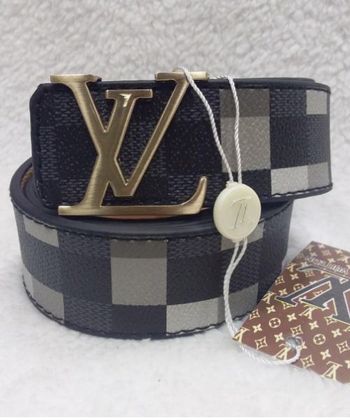 Checks Lv Belt Leather 4cm Length From 105 Cm To 120 Cm  - Brown Grey