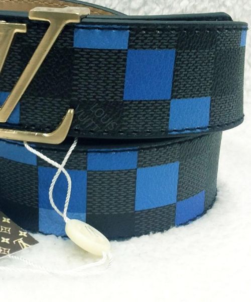  Checks Lv Belt Leather 4cm Length From 105 Cm To 120 Cm - Blue Navy