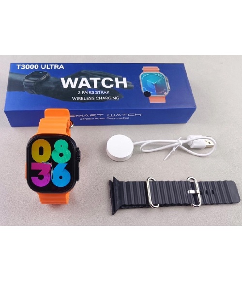 Smart Watch T3000 ULTRA SERIES 9 Black Case With 2 Straps (Black + Orange)