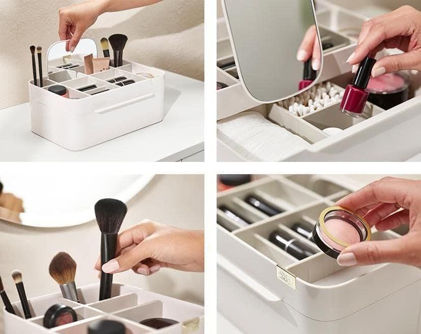 Plastic storage organizer for cosmetics and makeup with drawer and mirror - Beige