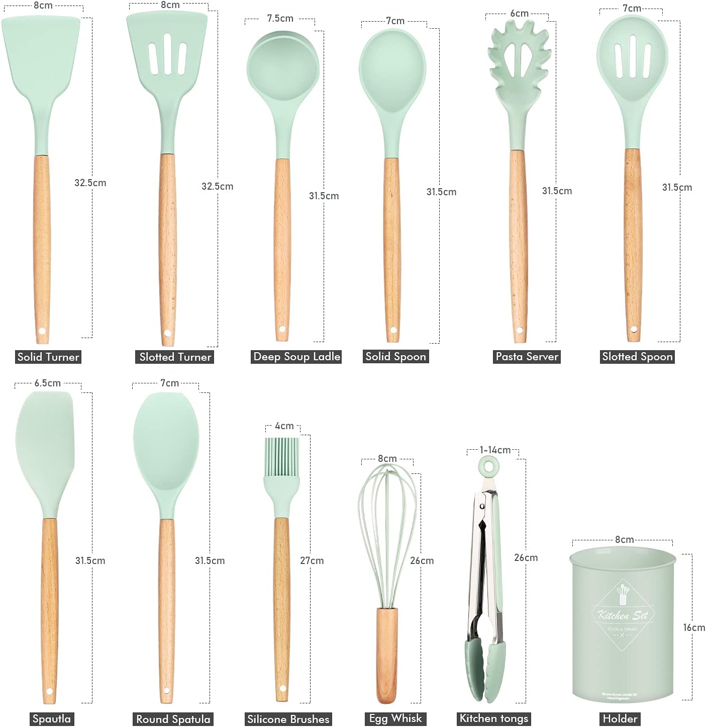 Vivaio Silicone Cooking Utensil Set with Wooden Handles and Holder, 12 Pieces - Mint Green