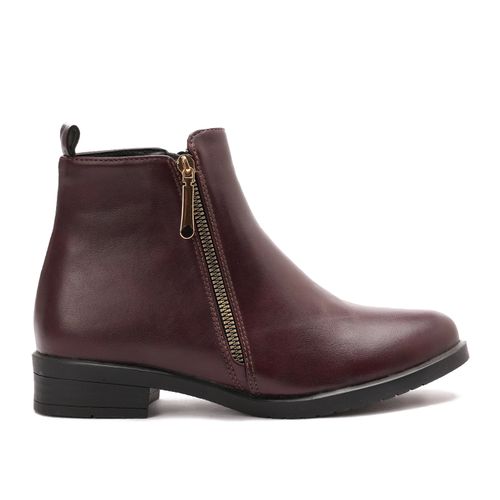 Leather Ankle Boot Solid With zipper For Women - Burgundy 