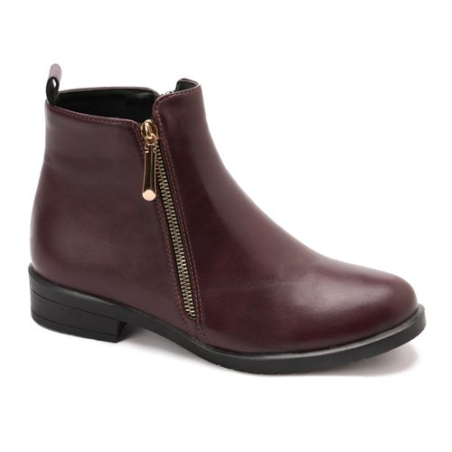 Leather Ankle Boot Solid With zipper For Women - Burgundy 
