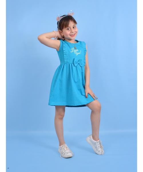 Cotton summer Dress Solid For Girls  - Cyan