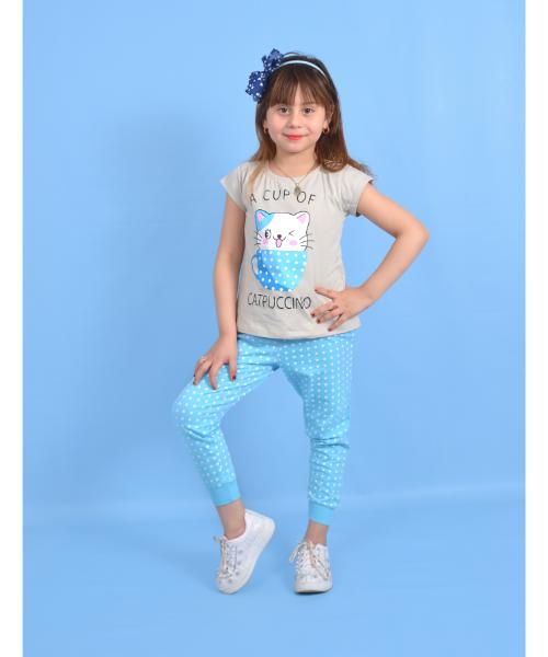 Summer Cotton pajamas Printed 2 Pieces For Girls - Grey Light Blue