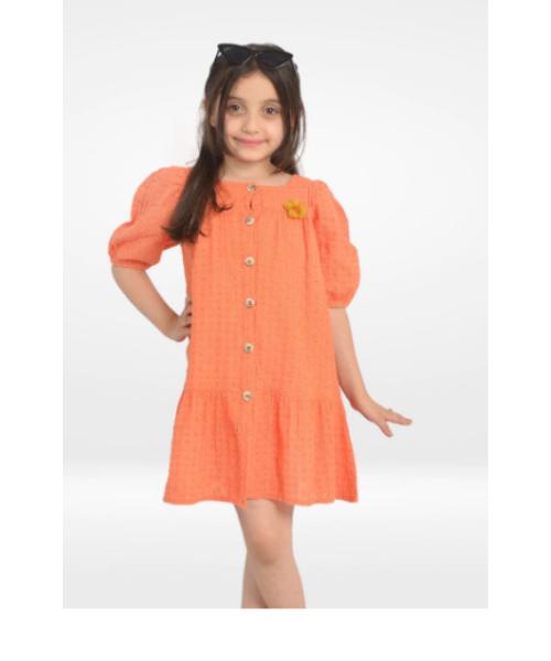 Plain wide-cut dress for girls - orange