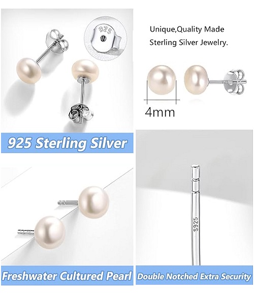 Pure natural pearl earrings & 925 sterling silver for women, White, size 4mm, elegant wedding jewelry (send gift box)