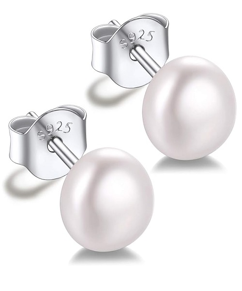 Pure natural pearl earrings & 925 sterling silver for women, White, size 6mm, elegant wedding jewelry (send gift box)