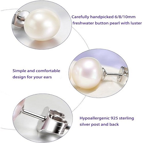 Pure natural pearl earrings & 925 sterling silver for women, White, size 8mm, elegant wedding jewelry (send gift box)
