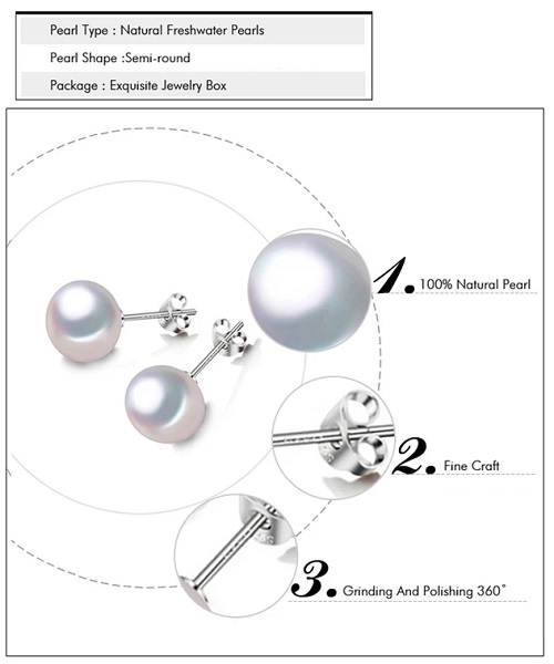 Pure natural pearl earrings & 925 sterling silver for women, White, size 8mm, elegant wedding jewelry (send gift box)