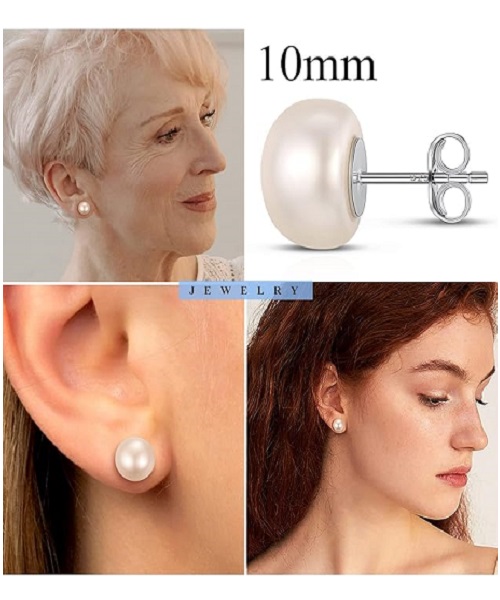 Pure natural pearl earrings & 925 sterling silver for women, White, size 10mm, elegant wedding jewelry (send gift box)