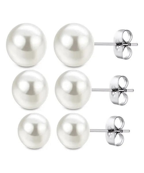 3 Pairs of Pure Natural Pearl Earrings, 925 Sterling Silver for Women, White, Size (4-6-8)mm, Elegant Wedding Jewelry (Send Gift Box)