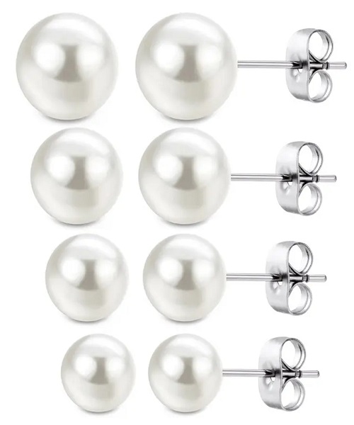 4 Pairs of Pure Natural Pearl Earrings, 925 Sterling Silver for Women, White, Size (6-8-10-12)mm, Elegant Wedding Jewelry (Send Gift Box)