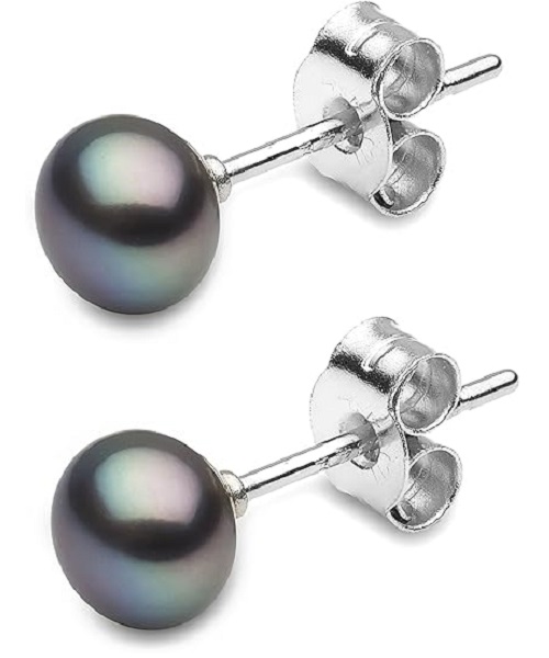 Pure natural pearl earrings & 925 sterling silver for women, Black, size 6mm, elegant wedding jewelry (send gift box)