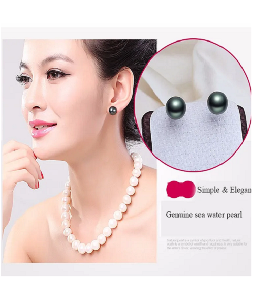 Pure natural pearl earrings & 925 sterling silver for women, Black, size 6mm, elegant wedding jewelry (send gift box)