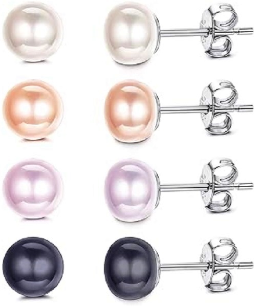 4 Pairs Pure natural pearl earrings & 925 sterling silver for women, (White-Black-Pink-Purple), size 8mm, elegant wedding jewelry (send gift box)