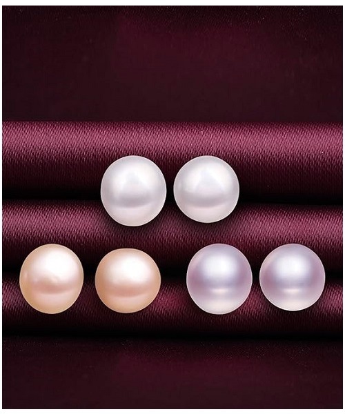 4 Pairs Pure natural pearl earrings & 925 sterling silver for women, (White-Black-Pink-Purple), size 8mm, elegant wedding jewelry (send gift box)