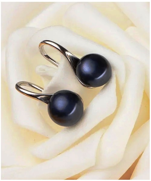 Pure natural pearl earrings & 925 sterling silver for women, Black Drop & Dangle, size 8mm, elegant wedding jewelry (send gift box)