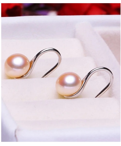 Pure natural pearl earrings & 925 sterling silver for women, Pink Drop & Dangle, size 8mm, elegant wedding jewelry (send gift box)