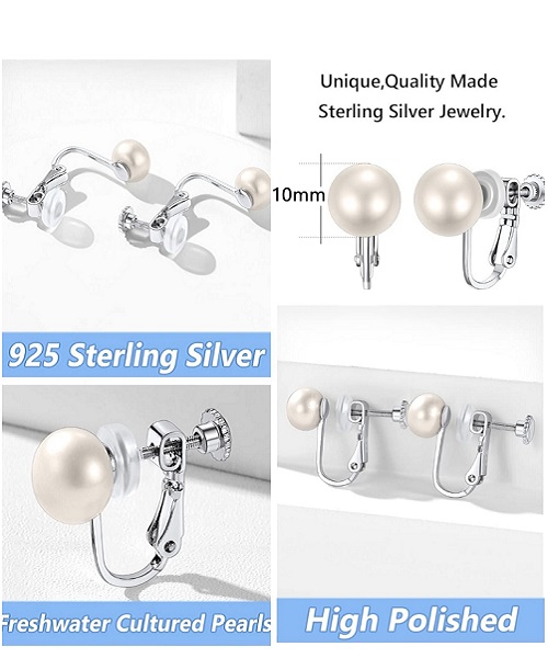 Pure natural pearl earrings & 925 sterling silver for women, White Stud Earrings, size 10mm, elegant wedding jewelry (send gift box)