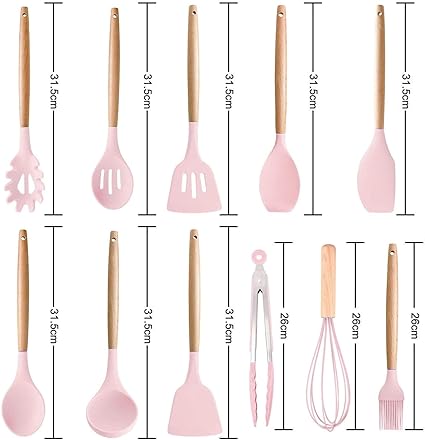 hanso Silicone Cooking Utensil Set with Wooden Handles and Holder, 12 Pieces - Pink