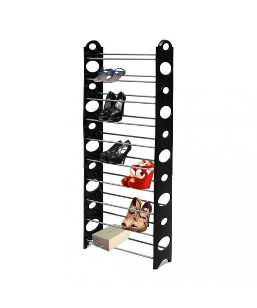Plastic Shoe Rack, 10 Stackable Shelves - Black