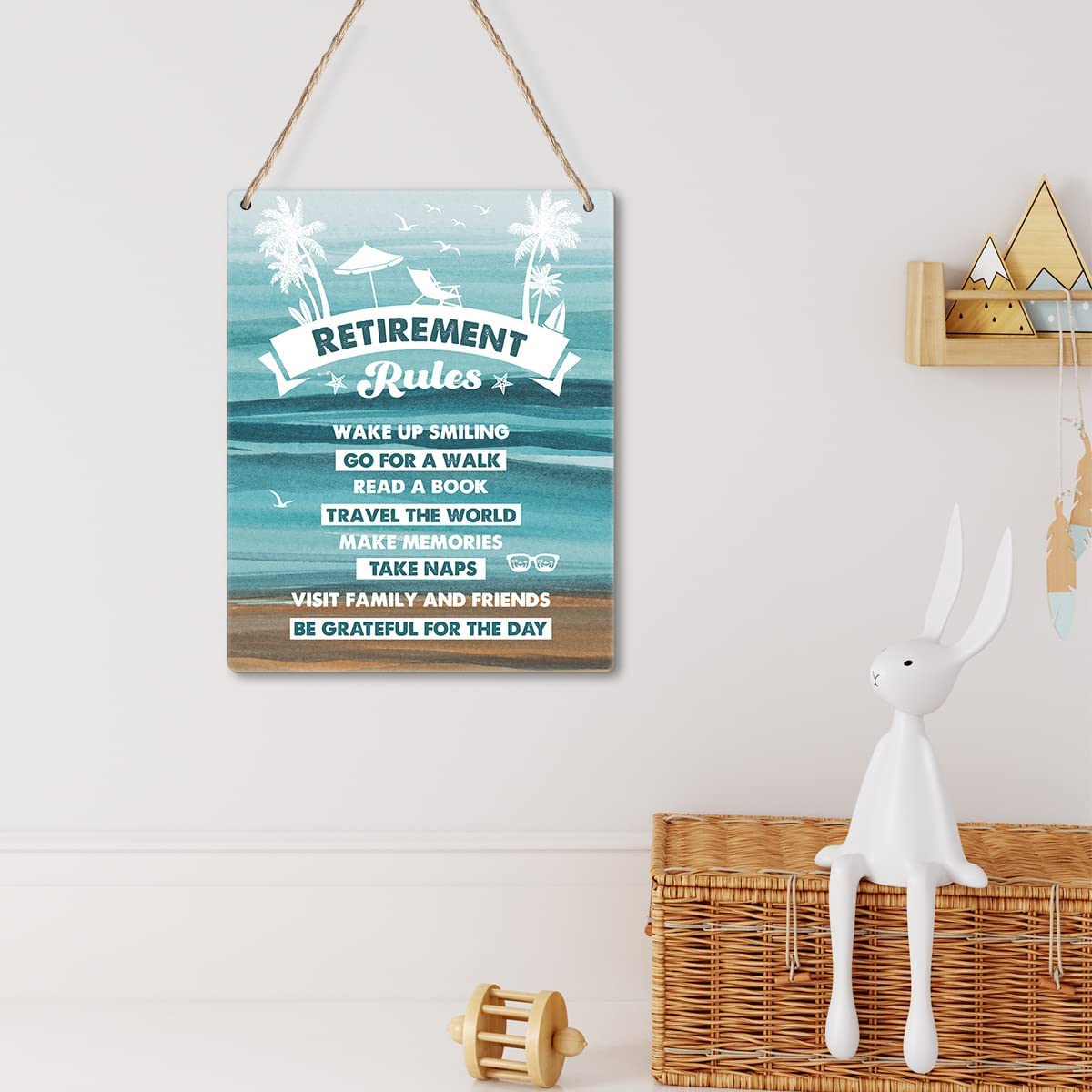 A wooden sign hanging on the wall with encouraging phrases for retirement 30x20 cm - Multi Color