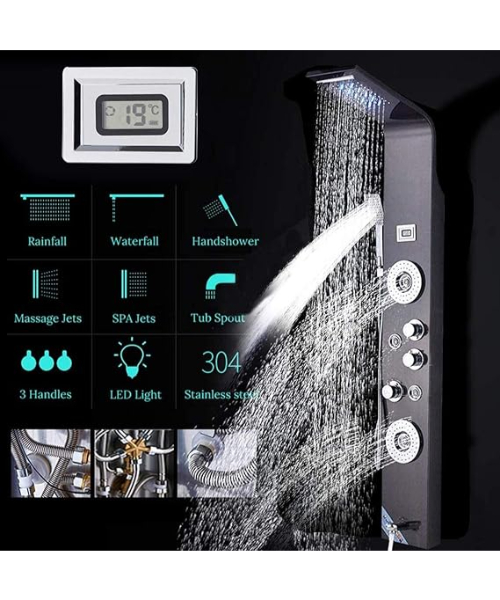 Wall Mountable Shower Panel System, Multi-Functional with LED Lights, Waterfall, Rain, Head Massage, Spray and Spot Spray Function, Hand Grip, Detachable, Finest Design Nickel Plated