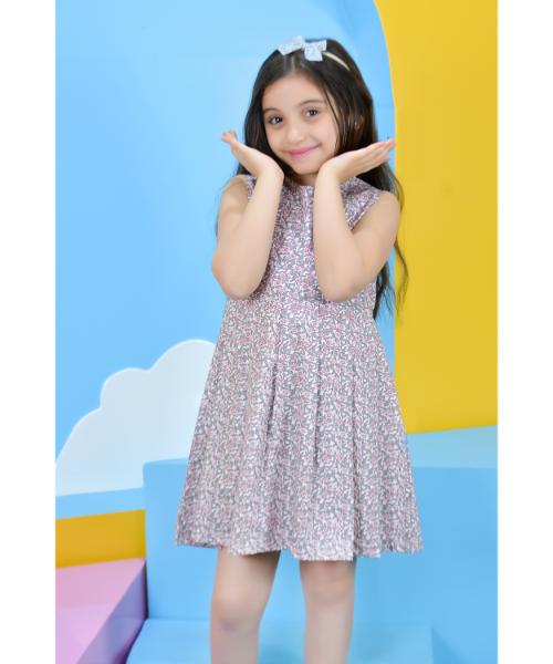 Printed Dress Sleeveless and Round Neck For girls - Red Grey