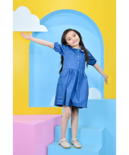 Plain casual dress short sleeve round neck  for girls - blue