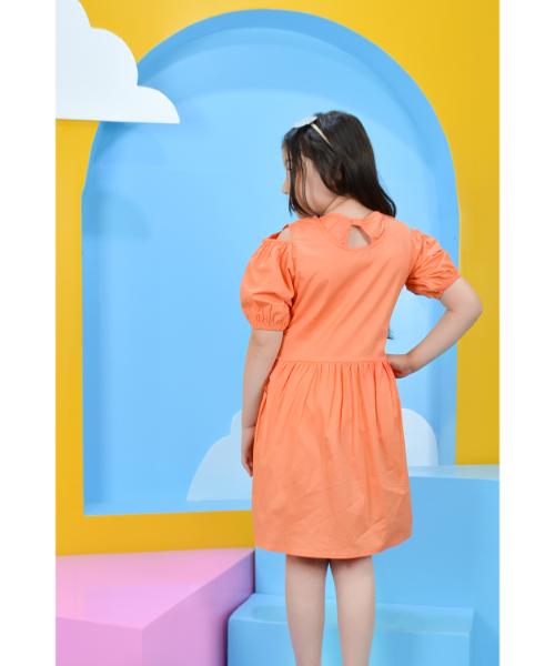 Plain casual dress short sleeve round neck  for girls - Orange