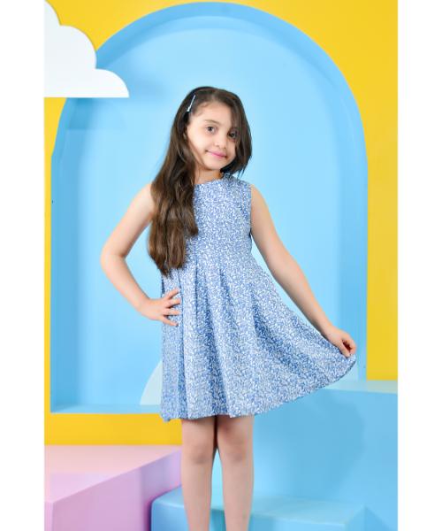 Printed Dress Sleeveless and Round Neck For girls - Blue White