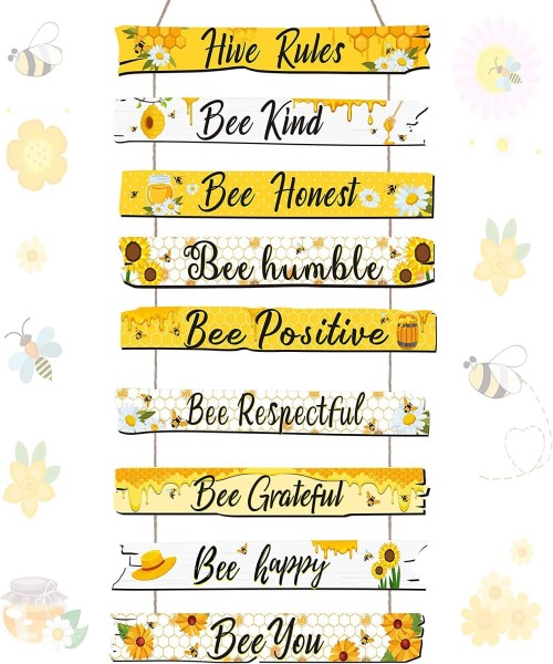 Wooden bee sign for spring home decor 50×30 Cm - Yellow
