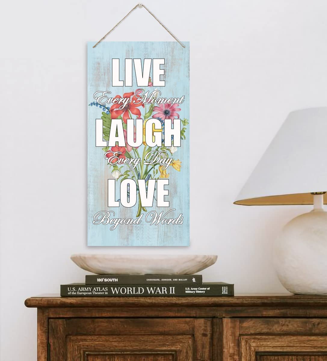 Wooden sign printed with the phrases Live every moment, laugh every day, love 30x15 CM - Multi Color