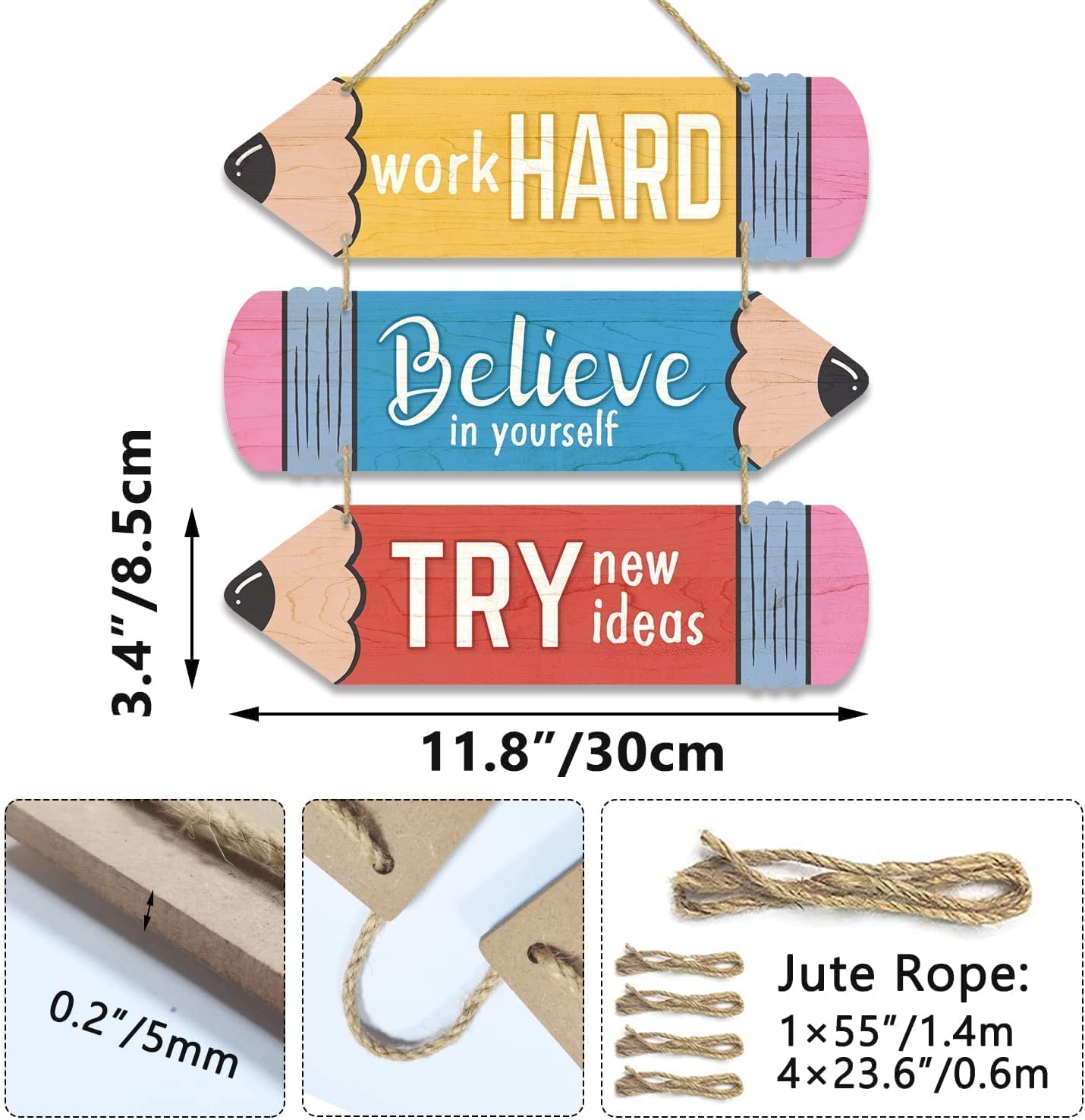 A wooden sign in the shapes of wooden pencils with motivational phrases 8.5×30 Cm - Multi Color